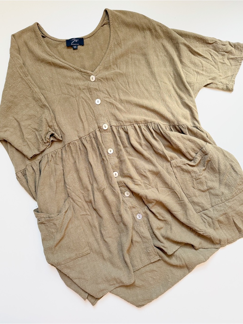 Finding July Linen Button-Front Mini Dress in Olive